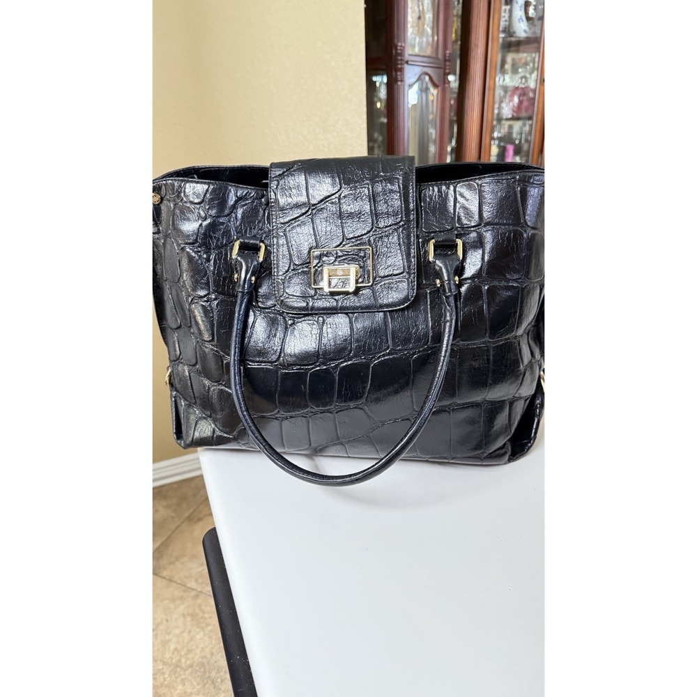 Antonio‎ Melani Black Croc Embossed Leather Tote Handbag Laptop Large